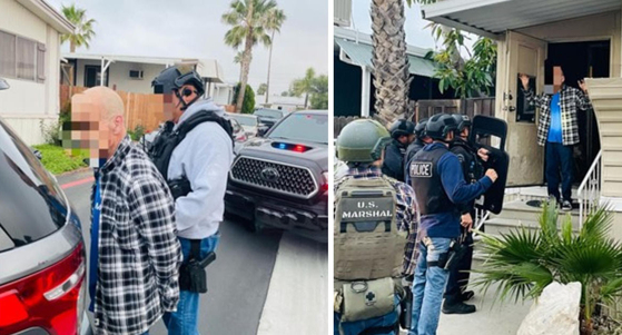 수사관들이 강력범죄 용의자의 은거지를 급습 체포하고 있다. LA경찰국(LAPD)은 용의자들의 체포장면을 모두 공개했다. [LAPD 제공]