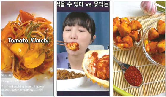 한류 열풍을 타고 타인종 소비자들의 김치 수요가 늘고 있는 가운데 이색 김치도 등장했다. 사진은 왼쪽부터 토마토 김치, 두리안 김치, 망고 깍두기.  [각 틱톡 캡처]