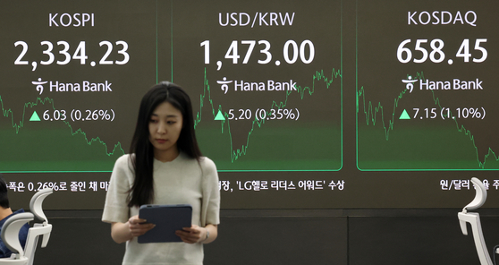 서울 중구 하나은행 딜링룸 전광판에 종가 현황이 표시돼 있다. 이날 코스피는 전 거래일 종가와 비교해 포인트6.03(p)(0.26%) 상승한 2334.23으로 마감했다. 달러·원 환율은 오름세를 보이고 있다. 2025.4.8/뉴스1
