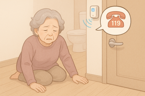 AI 센서가 노인의 쓰러짐을 감지해 119에 긴급 신고하는 장면을 표현한 이미지. 챗GPT 일러스트