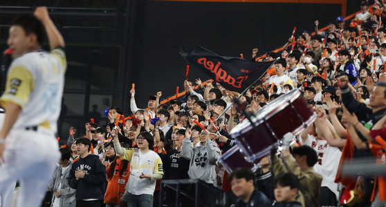 7일 대전 삼성전에서 한화의 9연승을 응원하는 한화 팬들. 뉴스1