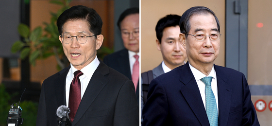 국민의힘 김문수 대선 후보가 7일 서울 종로구의 한 식당에서 무소속 한덕수 대선 예비후보와 후보 단일화 관련 회동을 마친 뒤 브리핑을 하고 있다. (왼쪽사진) 무소속 한덕수 대선 예비후보가 7일 서울 종로구의 한 식당에서 국민의힘 김문수 대선 후보와 후보 단일화 관련 회동을 마친 뒤 떠나고 있다. 김성룡 기자