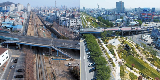 포항시는 세계녹생성장포럼(WGGF) 성공적 개최로 탄소중립 녹색성장이라는 글로벌 아젠다를 주도하는 지방정부의 새 모델을 제시한다는 계획이다. 사진은 포항 그린웨이 프로젝트 핵심사업 철길숲의 한터마당 구간(대잠교) 조성 전후 모습. 사진 포항시