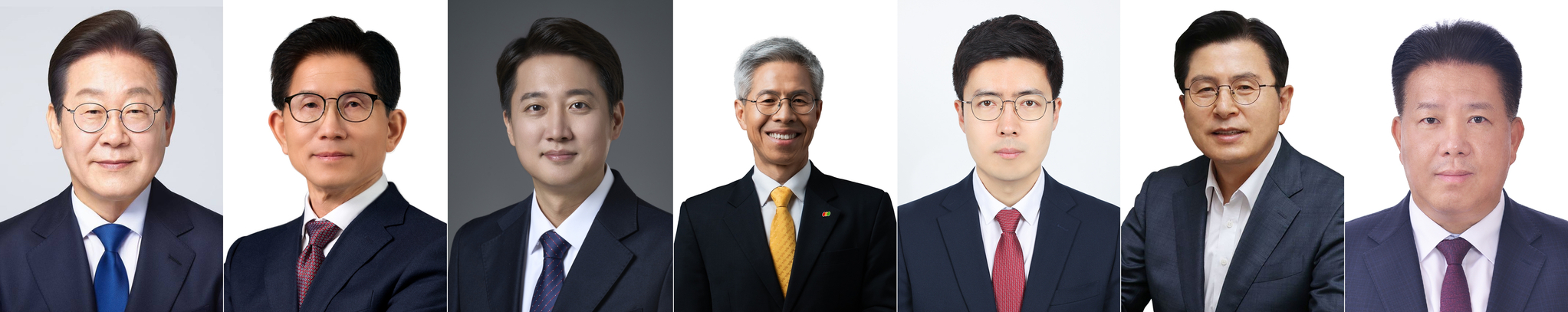 왼쪽부터 기호 1번 더불어민주당 이재명 후보, 기호 2번 국민의힘 김문수 후보, 기호 4번 개혁신당 이준석 후보, 기호 5번 민주노동당 권영국 후보, 기호 6번 자유통일당 구주와 후보, 기호 7번 무소속 황교안 후보, 기호 8번 무소속 송진호 후보. 중앙선거관리위원회.