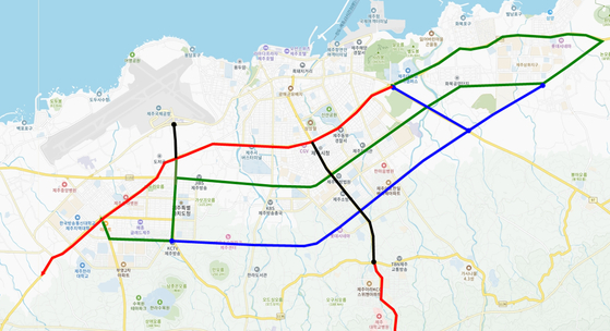 제주 BRT 사업 단계별 노선도. 1단계(적색), 2단계(녹색), 3단계(청색)이다.