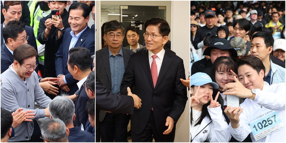 제21대 대통령선거 공식 선거운동 시작을 하루 앞둔 11일 남도문화벨트 골목골목 경청투어에 나선 더불어민주당 이재명 대선 후보(왼쪽부터), 국민의힘 당사로 들어서는 국민의힘 김문수 대선 후보, 다이아몬드브릿지 걷기축제에 참가해 시민들과 기념촬영하는 개혁신당 이준석 대선 후보의 모습. 연합뉴스