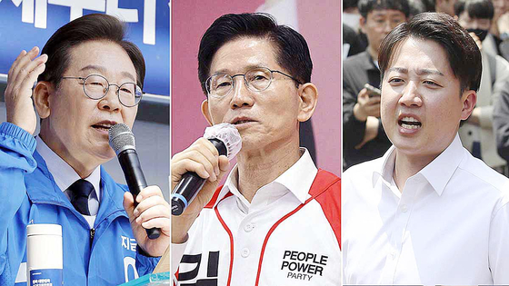13일 이재명 더불어민주당 대선 후보가 구미역 광장에서, 김문수 국민의힘 대선후보가 대구경북 선거대책위원회 출정식 및 임명장 수여식에서, 이준석 개혁신당 대선후보가 대구 경북대에서 각각 발언하고 있다. 임현동·김성룡 기자, 뉴스1.