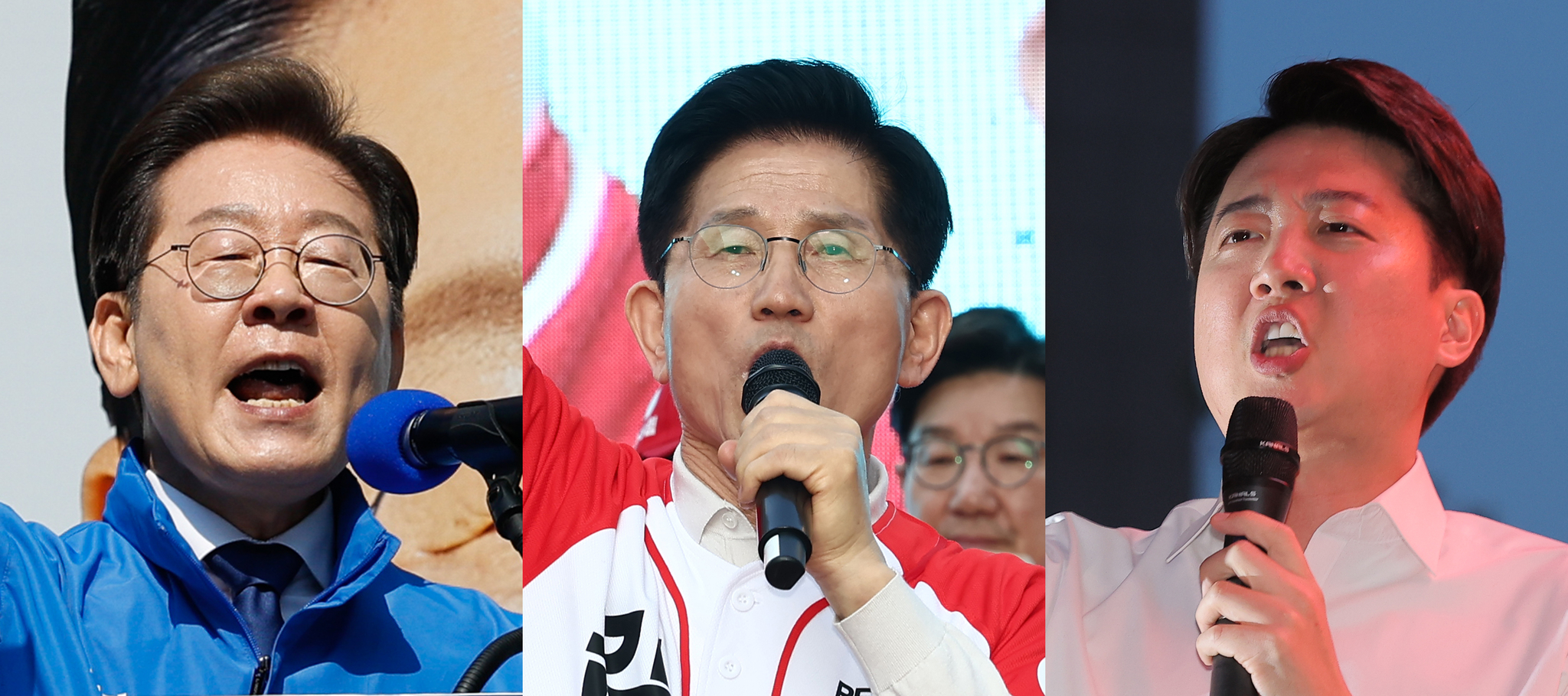 이재명 더불어민주당, 김문수 국민의힘, 이준석 개혁신당 대통령 후보가 공식 선거운동이 시작된 12일 각각 서울 청계광장, 대구 서문시장, 서울 청계광장에서 지지를 호소하고 있다. 뉴스1