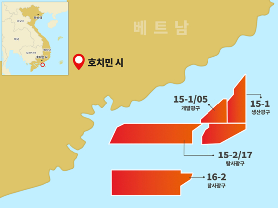 SK어스온이 베트남에 보유한 광구 4개 위치. 네 광구 모두 베트남 쿨롱분지 일대에 위치해있다. 사진 SK이노베이션