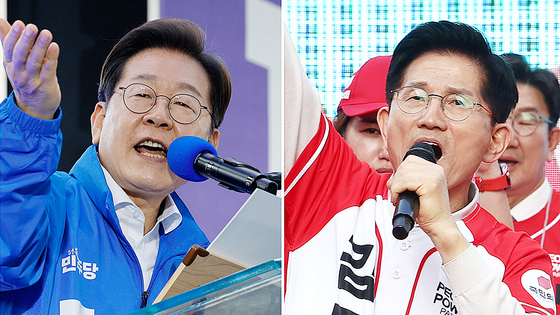 제21대 대통령 선출을 위한 공식 선거운동이 시작된 12일 더불어민주당 이재명 대선 후보(왼쪽)가 대전 으능정이거리 스카이로드에서, 국민의힘 김문수 대선 후보가 대구 서문시장에서 지지를 호소하는 연설을 하고 있다. 연합뉴스