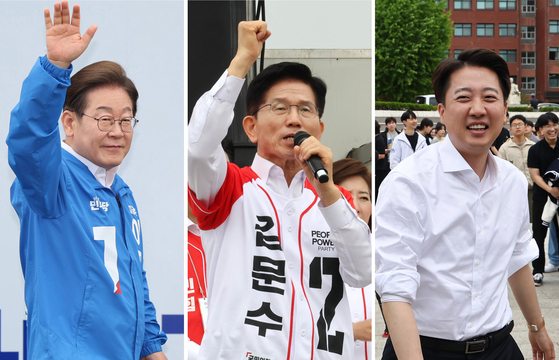 지난 16일 전북 익산, 경기 수원, 충남 천안에서 각각 유세하는 더불어민주당 이재명(왼쪽부터), 국민의힘 김문수, 개혁신당 이준석 대선 후보. 연합뉴스