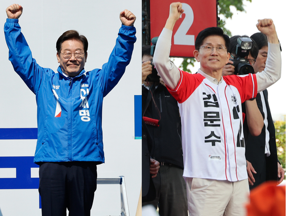 이재명 더불어민주당 대통령 후보(왼쪽), 김문수 국민의힘 후보가 제21대 대통령 선거 공식 선거운동 첫날인 지난 12일 서울 중구 청계광장, 대구 서문시장에서 각각 지지를 호소하고 있다. 뉴스1