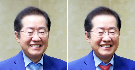 홍준표 전 대구시장이 19일 페이스북 커버사진을 파란 넥타이를 착용한 사진(왼쪽)으로 게시했다가 4시간 뒤 빨간 넥타이 사진으로 변경했다. 사진 홍준표 페이스북 캡처