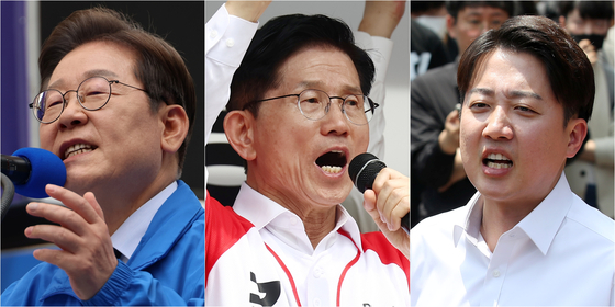 공식 선거운동 이틀째인 13일 더불어민주당 이재명 대선 후보(사진 왼쪽부터)가 대구광역시 동성로 거리에서, 국민의힘 김문수 대선 후보가 울산 남구 신정시장에서, 개혁신당 이준석 대선 후보가 대구 경북대학교에서 집중 유세를 하고 있다. 연합뉴스