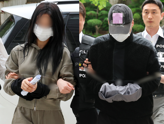 축구선수 손흥민씨를 상대로 협박해 각각 돈을 받았거나 받아내려 한(공갈 및 공갈미수) 혐의를 받는 20대 여성 양모(왼쪽)씨와 40대 남성 용모씨가 지난 17일 서초구 서울중앙지법에서 열린 구속 전 피의자심문(영장실질심사)에 출석하고 있다. 뉴스1