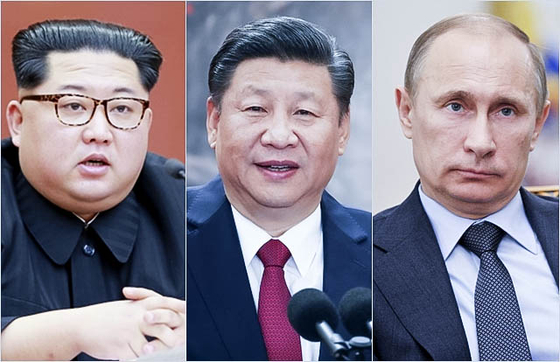 김정은 북한 국무위원장, 시진핑(習近平) 중국 국가주석, 블라디미르 푸틴 러시아 대통령. [중앙포토]