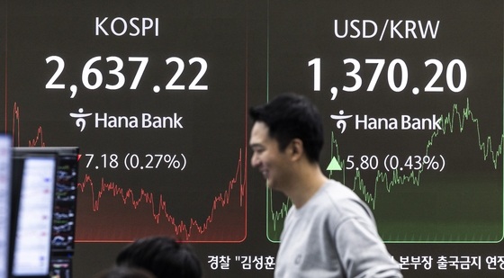 지난 27일 서울 중구 하나은행 딜링룸 전광판이 이날 거래를 마친 코스피와 원/달러 환율 거래가가 표시돼 있다. 연합뉴스