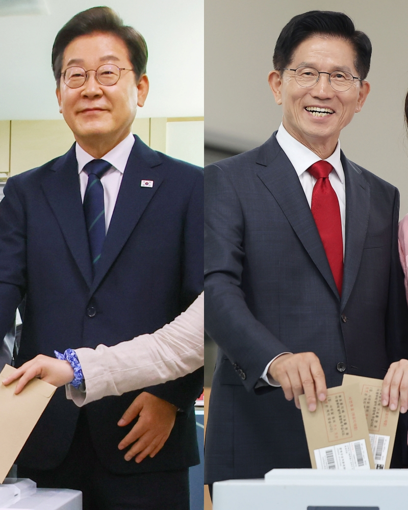 이재명 더불어민주당 대통령 후보(왼쪽)와 김문수 국민의힘 대통령 후보가 제21대 대통령선거 사전투표 첫날인 29일 오전 각각 서울 서대문구 구 신촌동주민센터와 인천 계양1동 주민센터에서 투표를 하고 있다. 뉴스1