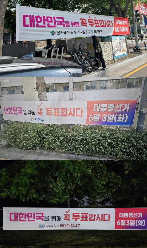 최근 부산 해운대구·사하구·강서구가 게시한 투표 참여 현수막. 사진 연합뉴스