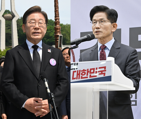 이재명 더불어민주당 대통령 후보(왼쪽)가 지난 18일 광주 북구 국립5·18민주묘지에서 열린 '제45주기 5·18 민주화운동기념식'에 참석한 뒤 취재진 질문에 답하고 있다. 오른쪽은 여의도 당사에서 경제 분야 공약을 발표하는 김문수 국민의힘 후보. 뉴스1