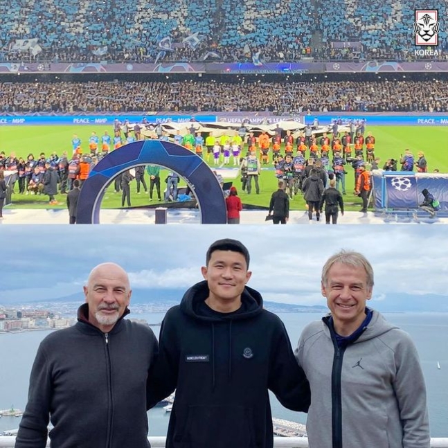 [사진] 왼쪽부터 파올로 스트링가라, 김민재, 위르겐 클린스만 / 대한축구협회.
