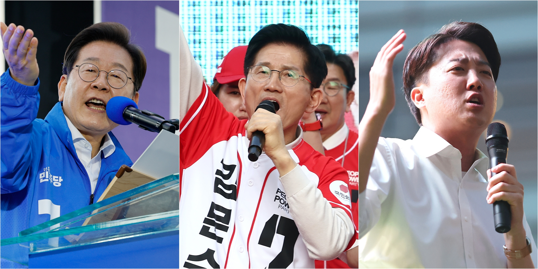 유세 중인 이재명, 김문수, 이준석 대선 후보(왼쪽부터). 연합뉴스