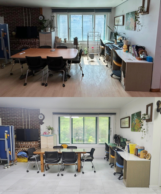 LX하우시스가 개보수 공사를 진행한 그룹홈 '참나무 우리집'의 리모델링 공사 전(사진 위)과 후 모습. 사진 LX하우시스