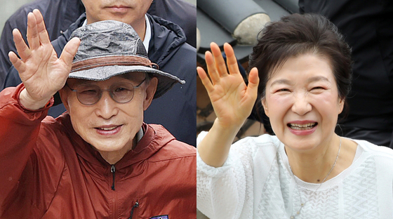 제21대 대통령선거를 하루 앞둔 2일 이명박·박근혜 전 대통령이 나란히 공개 행보에 나섰다. 사진은 서울시장 재임 시절 복원한 청계천을 찾은 이명박 전 대통령과 부산 금정구 범어사를 방문한 박근혜 전 대통령. 뉴스1