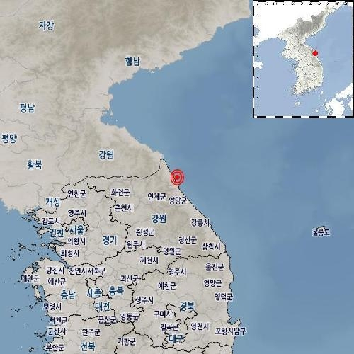 10일 오후 11시 53분 28초 강원 고성군 동남동쪽 11km 해역에서 규모 2.2의 지진이 발생했다고 기상청이 밝혔다. 사진 기상청