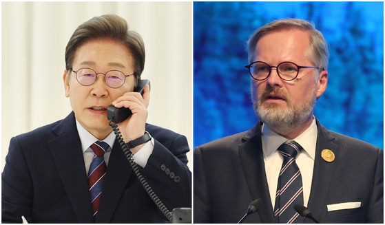 이재명 대통령(왼쪽)과 페트르 피알라 체코 총리. 연합뉴스, EPA=연합뉴스