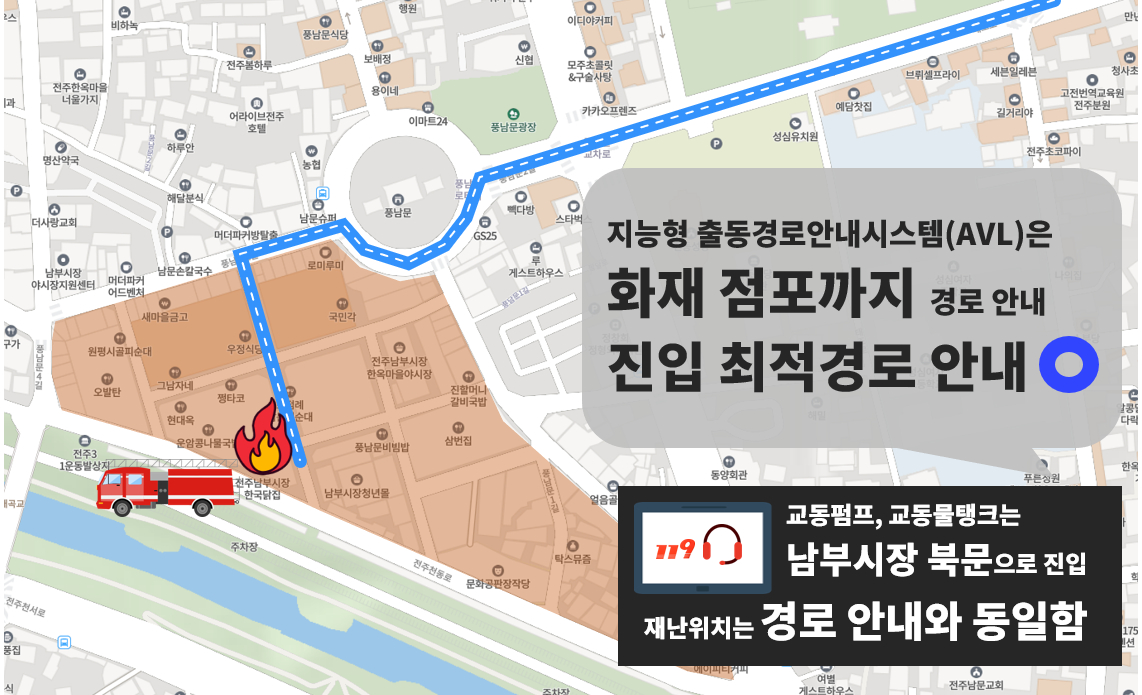 '지능형 출동 시스템' 적용 후엔 소방차가 화재 점포까지 최적 경로로 도달할 수 있었다. 사진 전북특별자치도소방본부