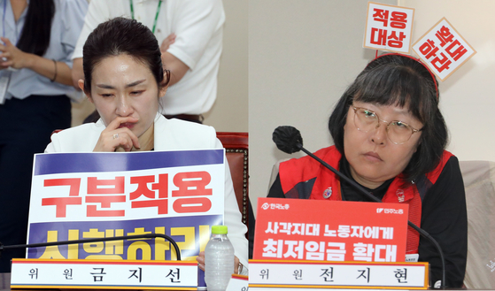 2일 오후 정부세종청사 최저임금위원회 회의실에서 열린 제7차 전원회의에서 사용자위원인 금지선 한국메이크업미용사회 회장이 '구분적용 시행'을 요구하고 있고(사진 왼쪽) 근로자위원 전지현 전국돌봄서비스노조 위원장은 '적용대상 확대'를 주장하고 있다. 연합뉴스