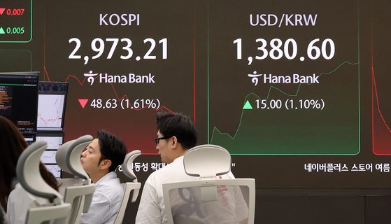 23일 오전 서울 중구 하나은행 딜링룸 전광판에 코스피 지수가 표시되고 있다. 이날 코스피는 미국의 이란 타격 등 대내외 악재에 3000선을 내주며 약세로 출발했다. 지난주 말 3년 반 만의 3000선 회복 후 거래일 기준 하루 만이다. 뉴스1