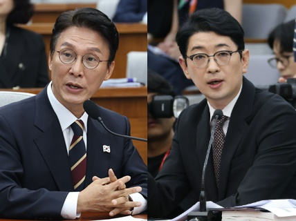 지난 25일 오전 서울 여의도 국회에서 열린 인사청문회에 출석한 김민석 국무총리 후보자(왼쪽), 주진우 국민의힘 의원. 뉴스1