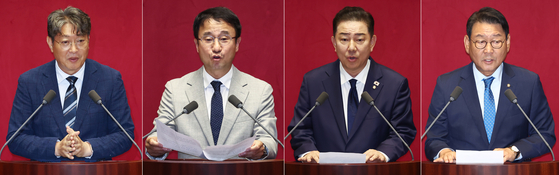 이춘석 국회 신임 법제사법위원장(왼쪽부터), 한병도 예산결산위원장, 김병기 운영위원장, 김교흥 문화체육관광위원장이 27일 서울 여의도 국회에서 열린 본회의에서 당선 인사말을 하고 있다. 뉴스1