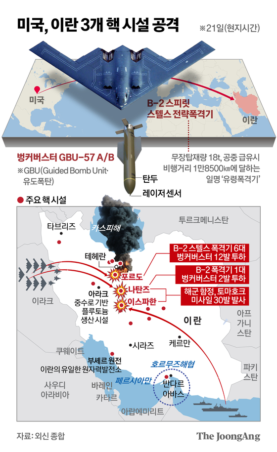 미국, 이란 3개 핵 시설 공격 그래픽 이미지. [자료제공=외신 종합] 