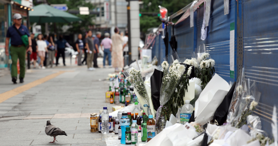 지난해 7월 1일 서울 중구 '시청역 교차로 역주행' 사고현장에 국화꽃 등 추모 물품들이 놓여져 있다. 뉴스1