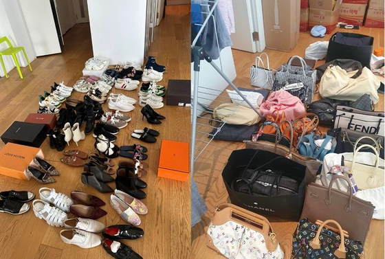 이씨가 횡령자금으로 구매한 명품 가방과 신발들. 사진 서울중앙지검 제공