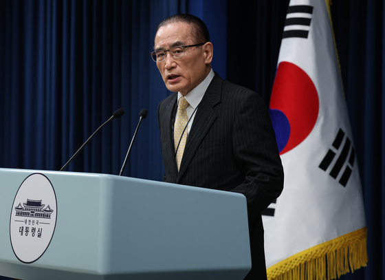 2박3일 간의 방미 일정을 마치고 귀국한 위성락 대통령실 국가안보실장이 9일 저녁 서울 용산 대통령실에서 브리핑을 하고 있다. 대통령실사진기자단