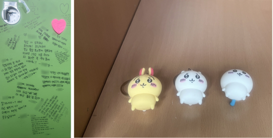 지난달 21일 세상을 떠난 브니엘예고 2학년 A양의 사물함. 친구들이 인형과 추모의 글을 적어 놓았다. 독자 제공