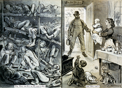 조셉 케플러의 1878년 삽화 ‘고용주를 위한 그림’. 왼쪽 그림(‘어떻게 그들은 하루에 40센트로 생활 할 수 있을까’)의 중국인 노동자들은 열악한 환경에서 집단생활을 하는 반면 오른쪽 그림(‘그리고 그들은 할 수 없다’)의 백인 노동자 가정은 여유 있는 모습이다. [사진 윤상인]