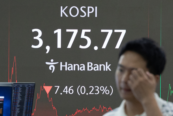 11일 코스피는 전일 대비 0.23% 내린 3175.77, 코스닥은 0.35% 오른 800.47에 장을 마쳤다. 사진은 이날 오후 서울 중구 하나은행 본점 딜링룸 전광판에 표시된 코스피 종가. 뉴스1