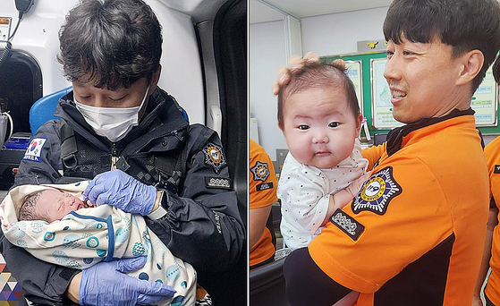 지난 4월1일 경남 산청군 시천면 한 주택에서 태어난 아기가 산청소방서 소속 김하원 소방장의 품에 안겨 병원으로 이송되고 있는 모습(왼쪽), 11일 약 100일 만에 다시 만난 아기와 김 소방장.(오른쪽). 사진 경남소방본부