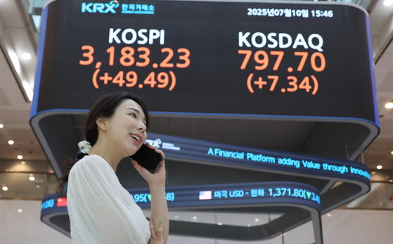 코스피지수가 연일 연고점을 경신한 10일 서울 여의도 한국거래소 전광판에 코스피지수가 표시돼 있다. 이날 코스피는 전장보다 49.49포인트(1.58%) 오른 3,183.23에 장을 마쳤다. 연합뉴스