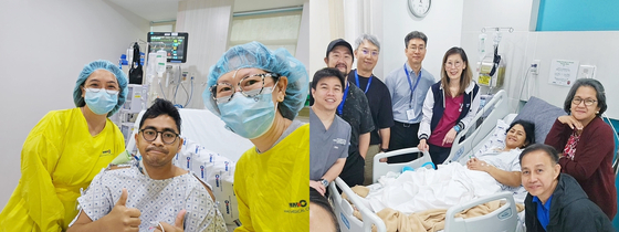 왼쪽 사진부터 프란츠 아렌 바바오 레예즈씨, 생체 간이식 수술을 받은 모자의 가족들이 한국 의료진에게 감사함을 전하기 위해 마카티병원에 찾아왔다. 왼쪽 두 번째가 김기훈 서울아산병원 간이식ㆍ간담도외과 교수