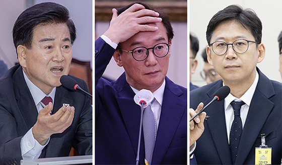 정동영 통일부·전재수 해양수산부·배경훈 과학기술정보통신부 장관 후보자(왼쪽부터)가 14일 열린 국회 인사청문회에 출석했다. 정 후보자는 통일부 명칭 변경 문제, 전 후보자는 해수부 부산 이전 문제, 배 후보자는 AI 기본법 규제 문제 등에 대해 집중 질의를 받았다. 임현동·전민규 기자
