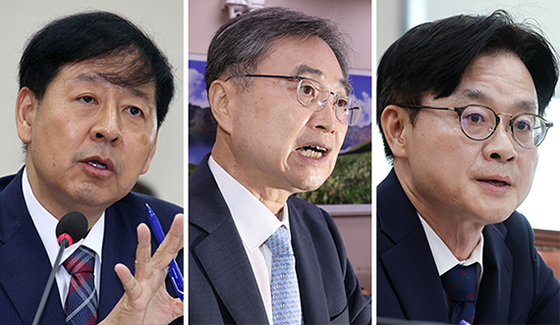 구윤철 기재부, 조현 외교부, 김정관 산업부 장관 후보자(왼쪽부터)가 17일 국회에서 열린 인사청문회에서 발언하고 있다. 구 후보자는 배우자의 농지투기 의혹, 조 후보자는 재산 신고 누락 의혹, 김 후보자는 두산그룹과의 이해충돌 가능성 등에 대해 질의를 받았다. 임현동·전민규 기자, [뉴시스]
