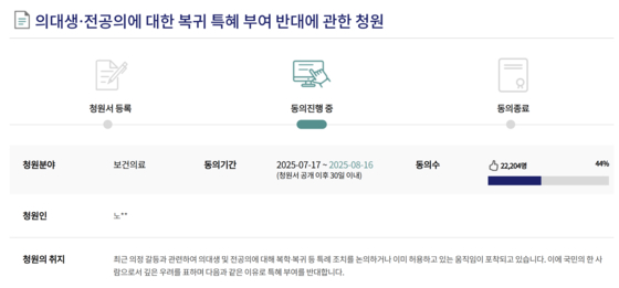 동의 수 2만2000여명을 넘은 의대생·전공의 복귀 특혜 반대 국회 전자 청원. 사진 국회전자청원 홈페이지 캡처