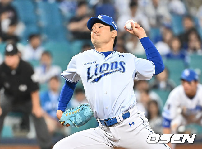 [OSEN=대구, 이석우 기자] 27일 대구삼성라이온즈파크에서 2025 신한 SOL 뱅크 KBO 리그 삼성 라이온즈와 롯데 자이언츠의 경기가 열렸다. 홈팀 삼성은 후라도가, 방문팀 롯데는 감보아가 선발 출전했다. 삼성 라이온즈 백정현이 역투하고 있다. 2025.05.27 / foto0307@osen.co.kr