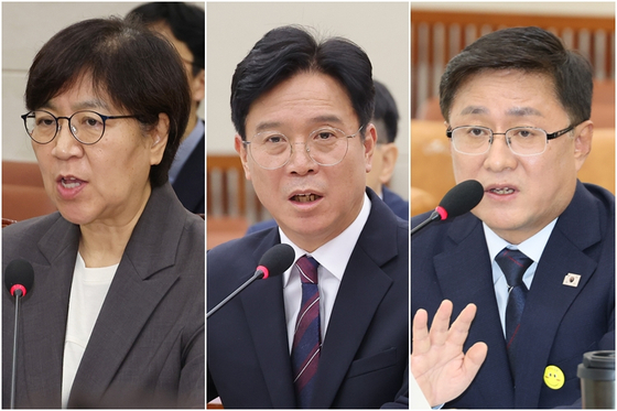 왼쪽부터 정은경 보건복지부·김영훈 고용노동부·김성환 환경부 장관 후보자. 연합뉴스 